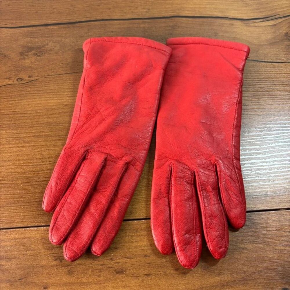 Vintage Red Genuine Leather Gloves Women's Size S Acrylic Lined Winter Dress